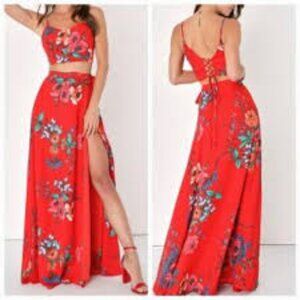 Lulus Red Floral Print Two-Piece Set Crop Top Wrap Maxi Skirt Size S Summer Boho